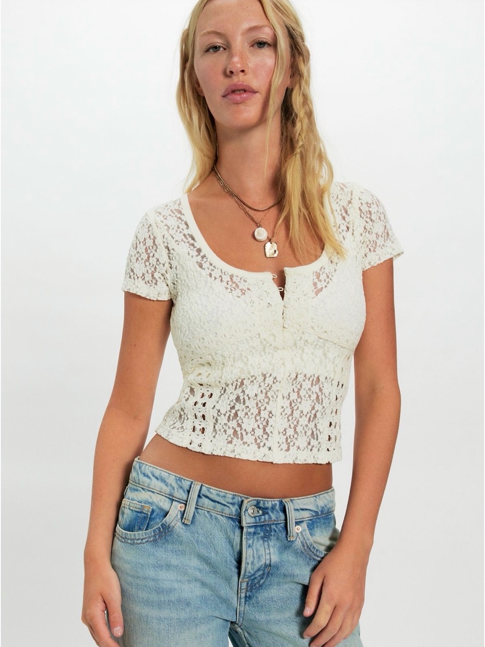 NWT Free People Claro Lace Tee in Whisper White, Size Small